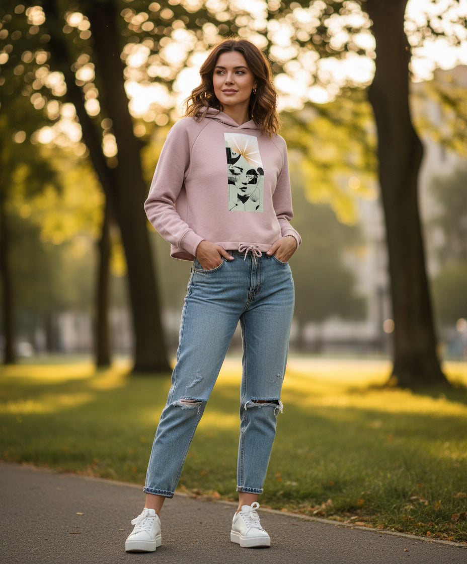 Woman wearing a pink graphic hoodie and blue jeans outdoors, soft cotton fabric, Comfy Elegance
