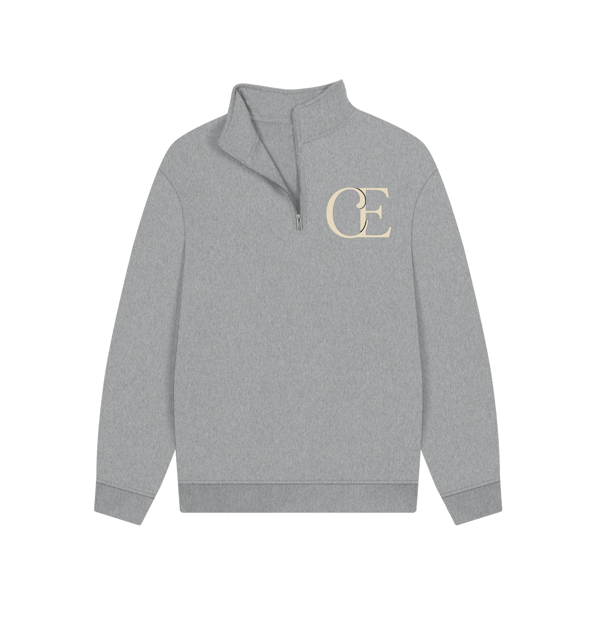 Light grey quarter zip fleece pullover with cream CE logo, cozy women's fashion by Comfy Elegance