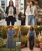 Women wearing stylish cotton graphic tees in cream and blue, paired with cardigans, skirts, and blazers. Comfy Elegance