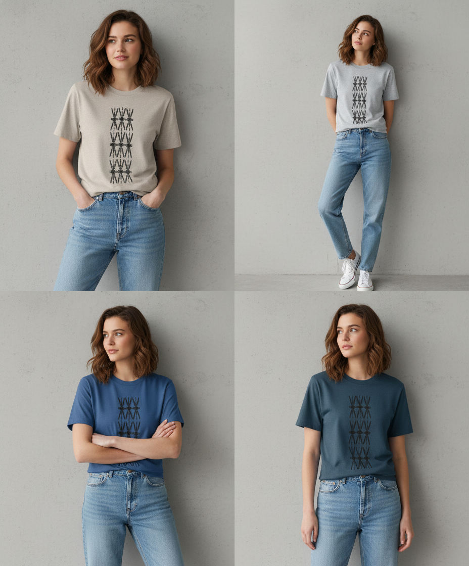 Woman wearing soft cotton graphic t-shirts in beige, grey, blue, and teal, Comfy Elegance