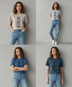Woman wearing soft cotton graphic t-shirts in beige, grey, blue, and teal, Comfy Elegance