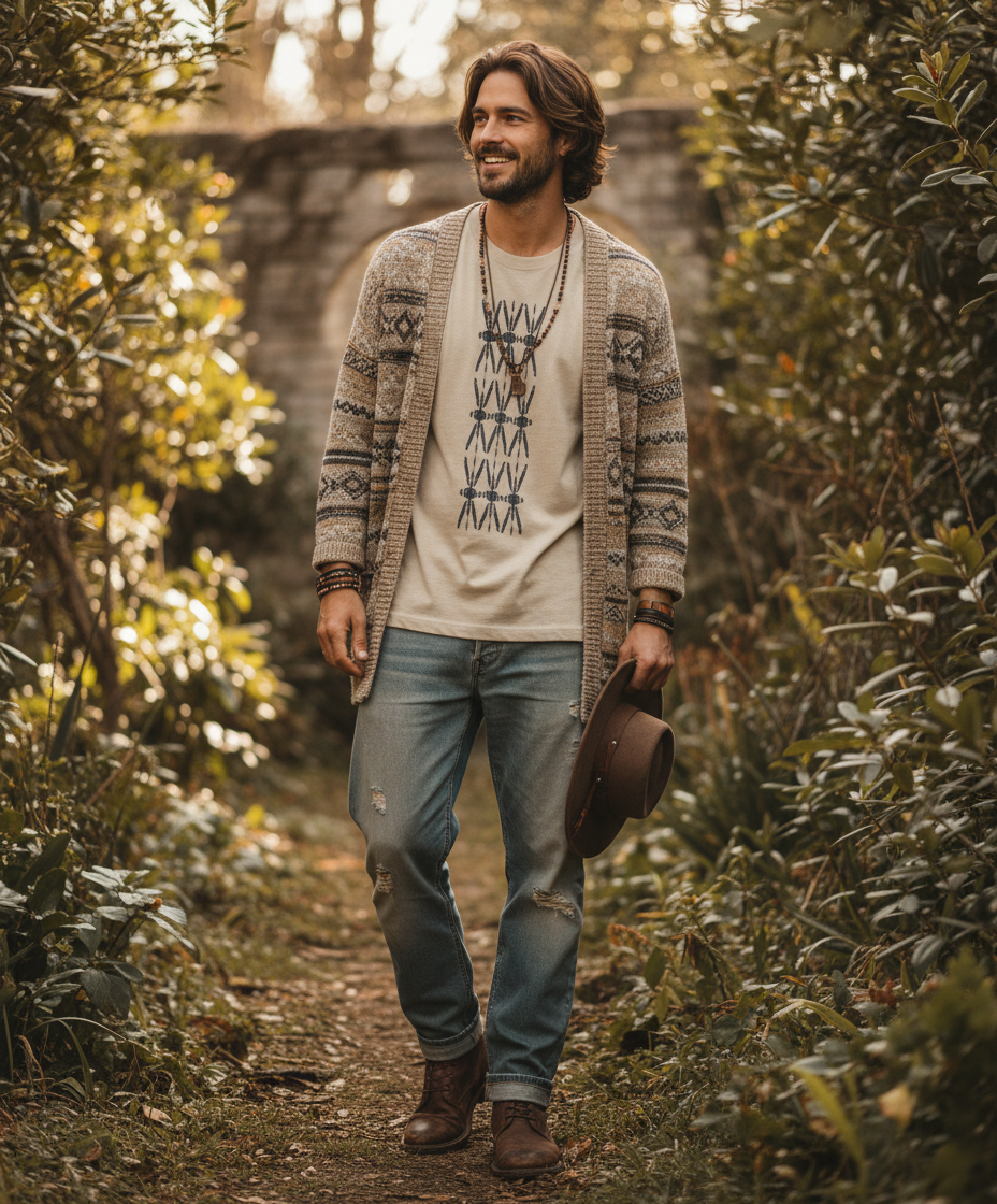 Man wearing beige patterned knit cardigan, graphic tee, and blue jeans outdoors, Comfy Elegance