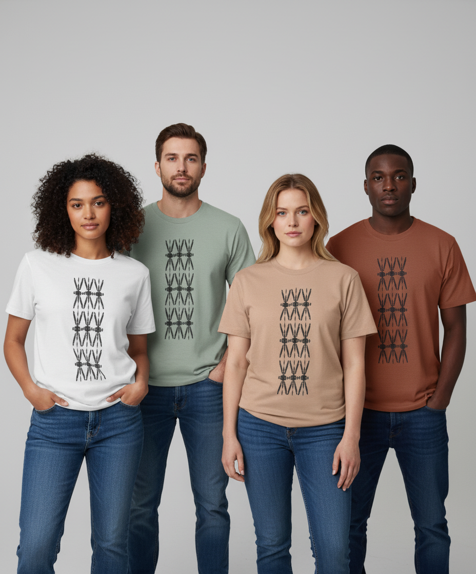 Group wearing casual short sleeve cotton t-shirts in white, green, tan, and rust with black patterns, Comfy Elegance