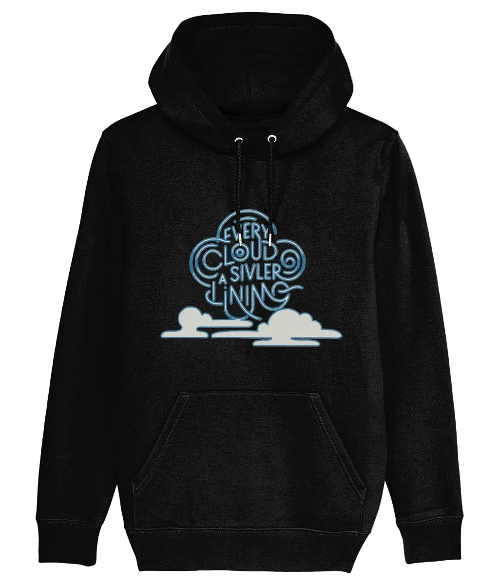 Black hoodie with blue cloud and white text graphic, cozy cotton blend, Comfy Elegance