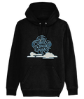 Black hoodie with blue cloud and white text graphic, cozy cotton blend, Comfy Elegance