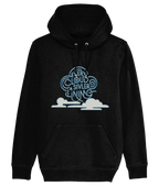 Black hoodie with blue cloud and white text graphic, cozy cotton blend, Comfy Elegance