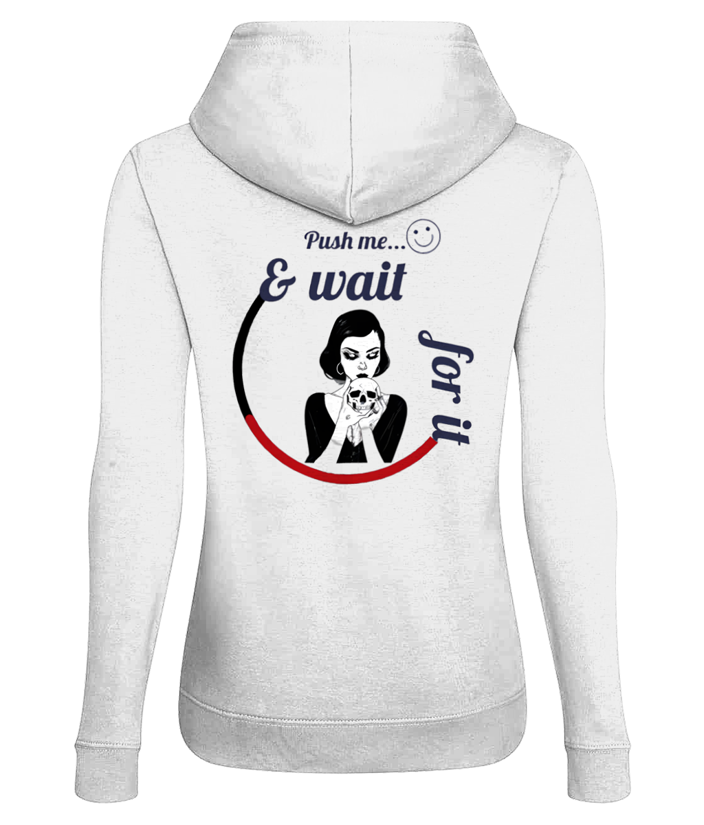 White women's hoodie with graphic of woman holding a skull and text, soft fabric, Comfy Elegance