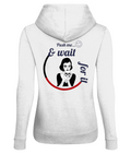 White women's hoodie with graphic of woman holding a skull and text, soft fabric, Comfy Elegance