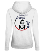 White women's hoodie with graphic of woman holding a skull and text, soft fabric, Comfy Elegance