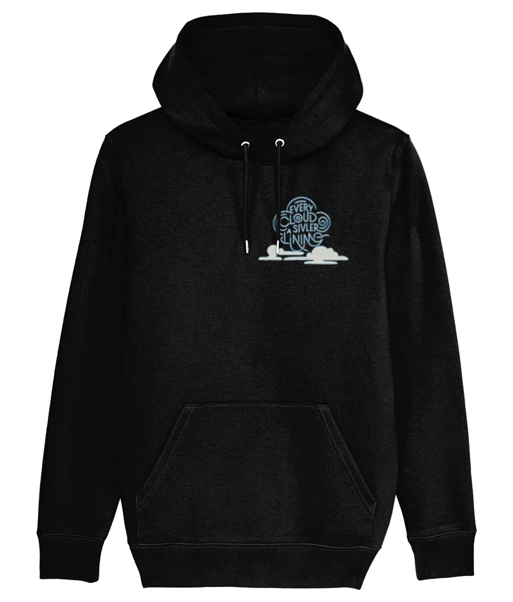 Black cotton hoodie with blue cloud and text graphic, front pocket, Comfy Elegance