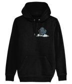 Black cotton hoodie with blue cloud and text graphic, front pocket, Comfy Elegance