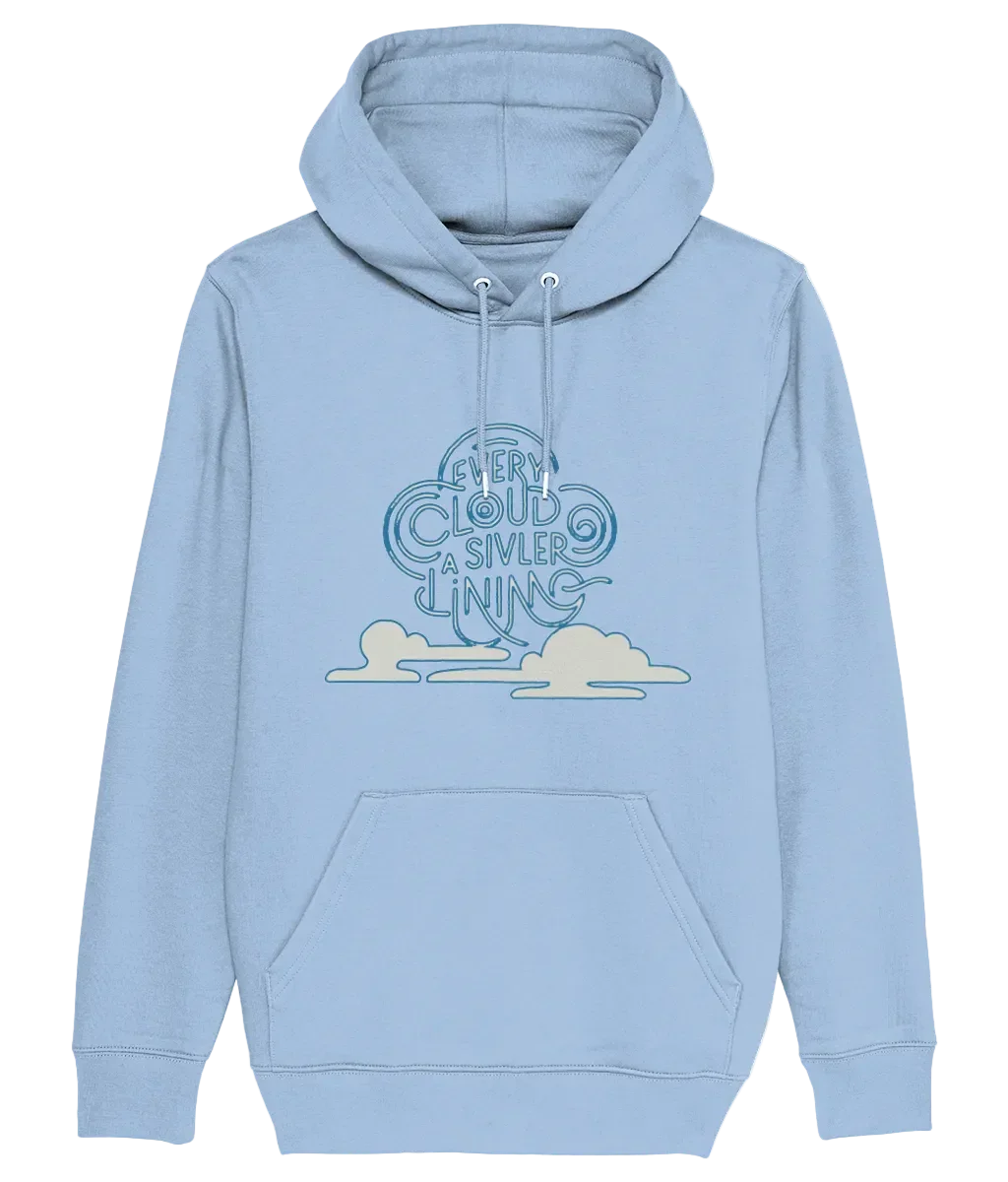 Light blue cotton hoodie with cloud and silver lining print, comfy casual wear by Comfy Elegance