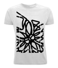 White short-sleeve t-shirt with bold black abstract floral print, cotton fabric, Comfy Elegance