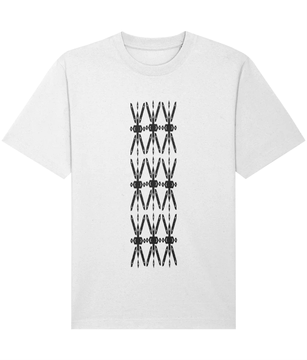 White cotton t-shirt with black geometric scissor print design, Comfy Elegance