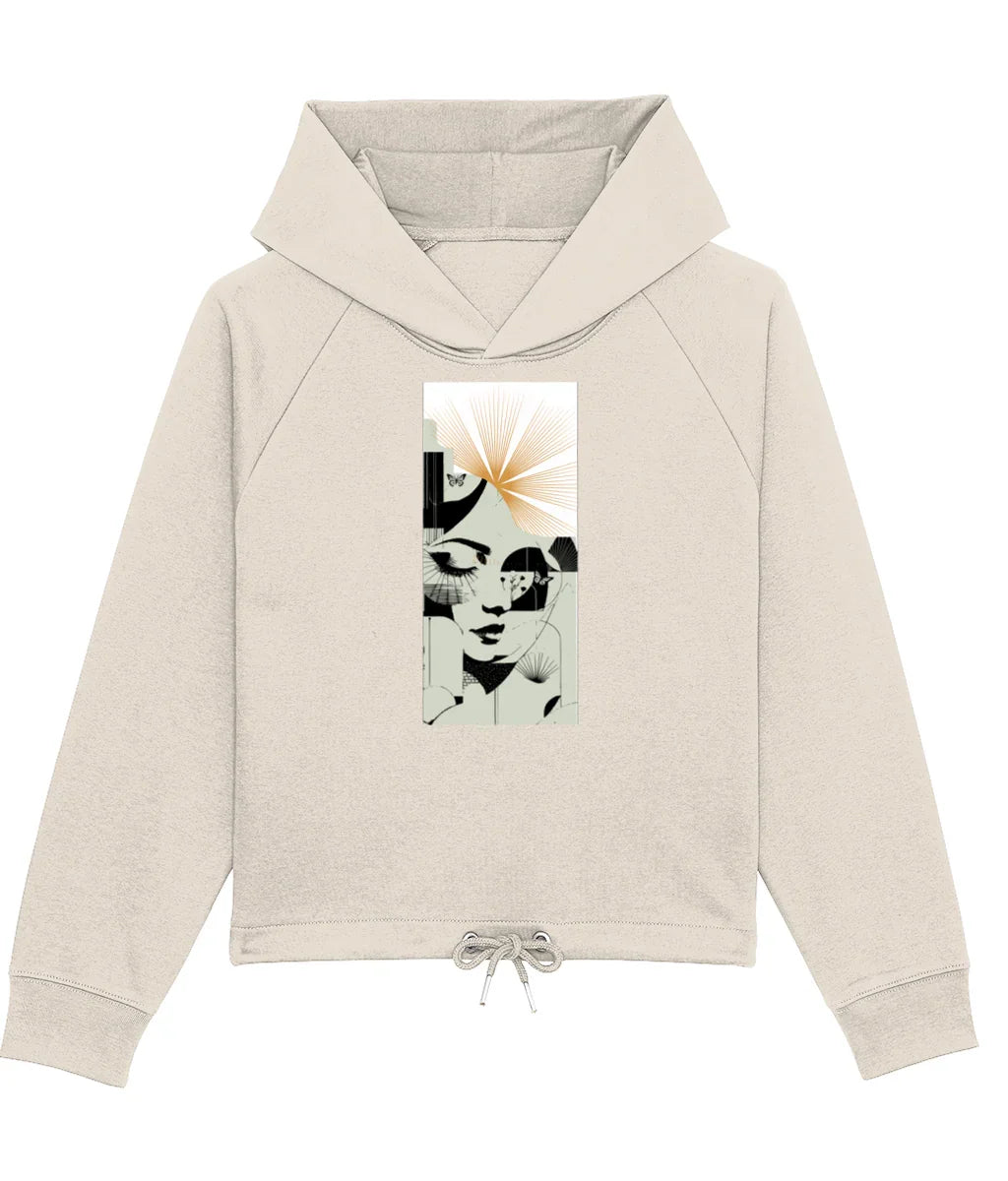 Beige women's hoodie with abstract face graphic print, soft cotton fabric, Comfy Elegance