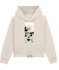 Beige women's hoodie with abstract face graphic print, soft cotton fabric, Comfy Elegance