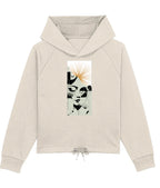 Beige women's hoodie with abstract face graphic print, soft cotton fabric, Comfy Elegance