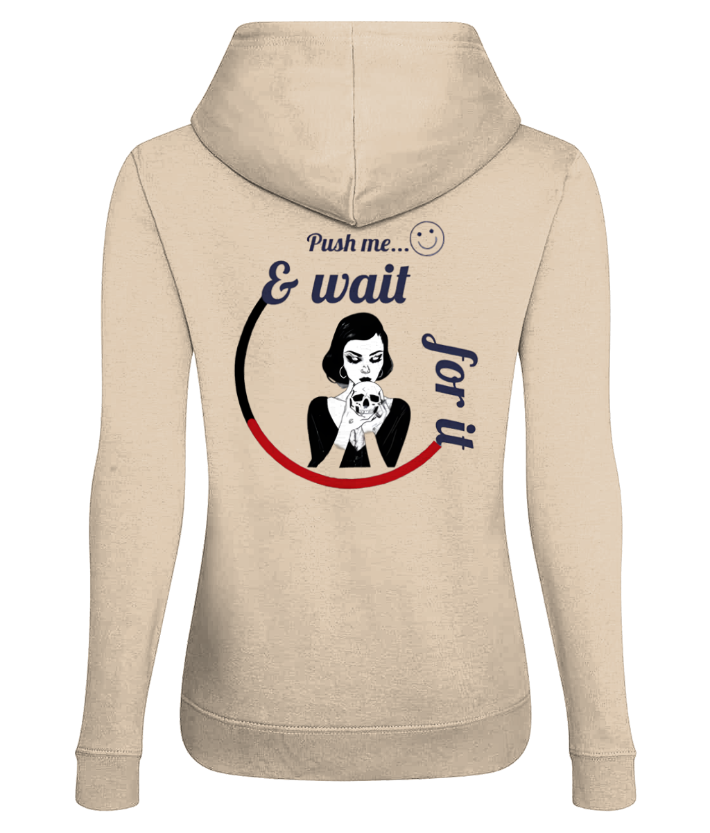 Beige women's hoodie with graphic woman and skull, text Push me and wait for it, Comfy Elegance