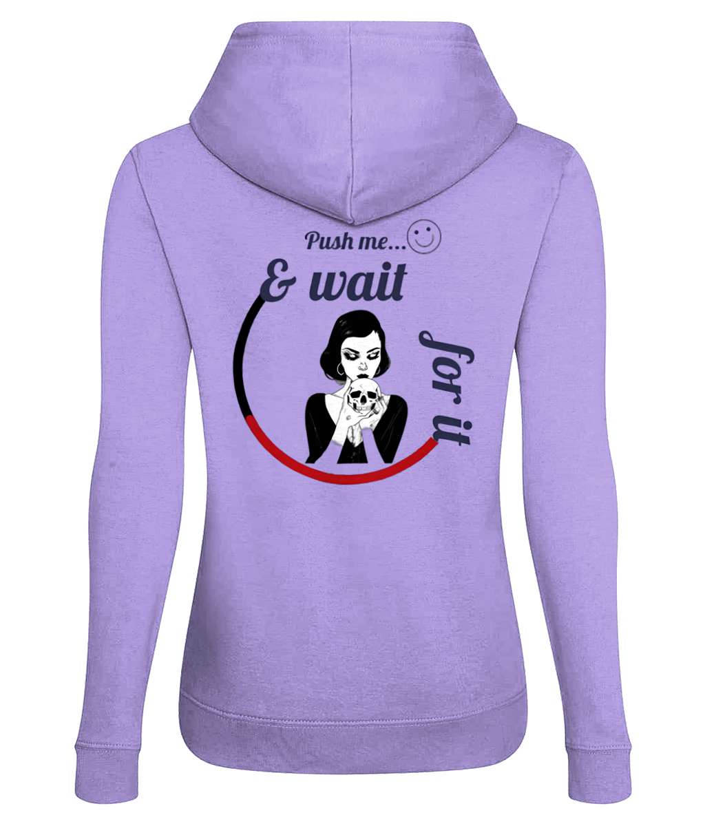 Lavender women's hoodie with graphic and text on back, soft cotton blend, Comfy Elegance