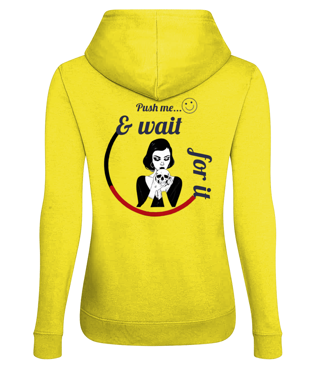 Yellow women’s hoodie with graphic text and a black and white illustrated woman holding a skull, Comfy Elegance