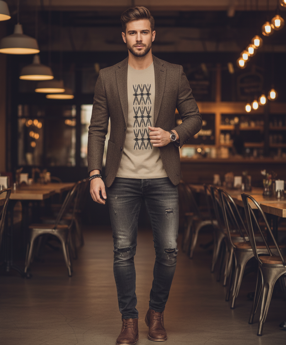 Men’s brown blazer with beige print shirt and dark denim jeans in a casual restaurant. Comfy Elegance