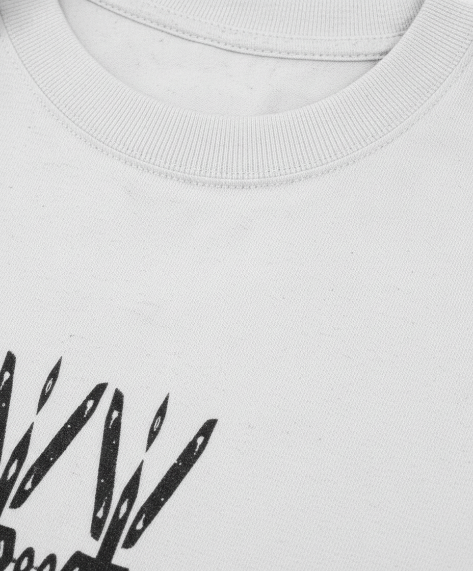 White cotton crewneck sweatshirt with black graphic detail, Comfy Elegance.